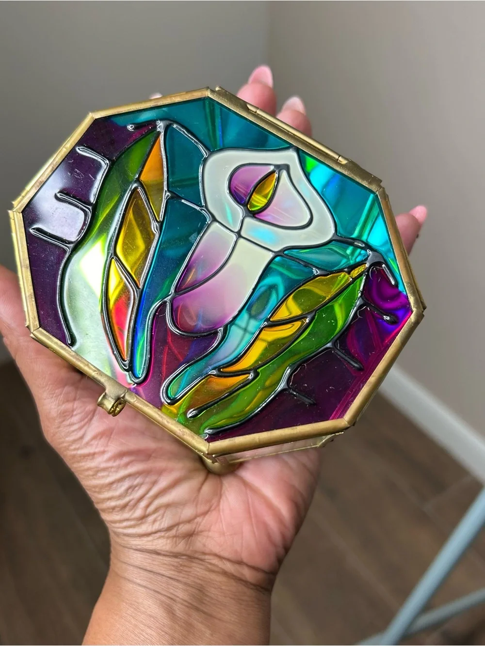 Vintage Stained Glass Calla Lily Jewelry Trinket Box Mirrored Base
